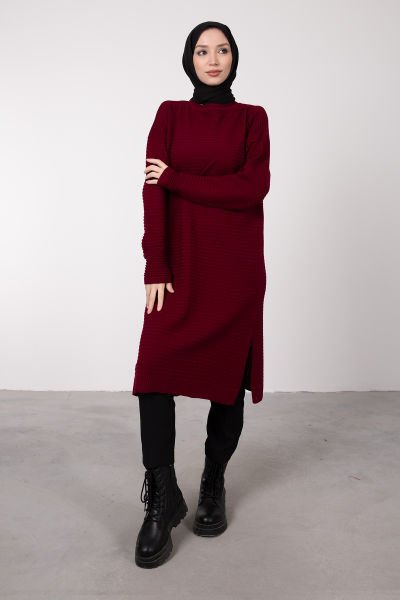 Şeritli Dokulu Oversize Kesim Tesettür Tunik Bordo