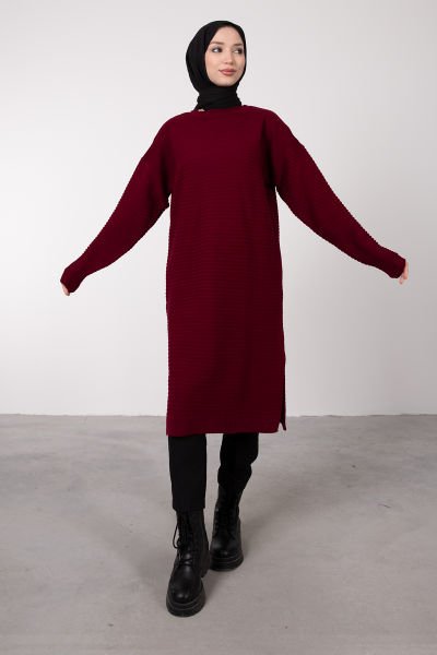 Şeritli Dokulu Oversize Kesim Tesettür Tunik Bordo