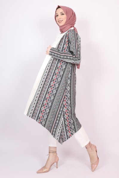 Asimetrik Kesim Desenli Kimono Yeşil