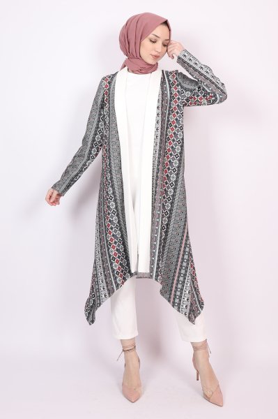 Asimetrik Kesim Desenli Kimono Yeşil