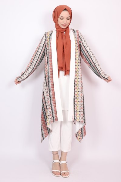 Asimetrik Kesim Desenli Kimono Vizon