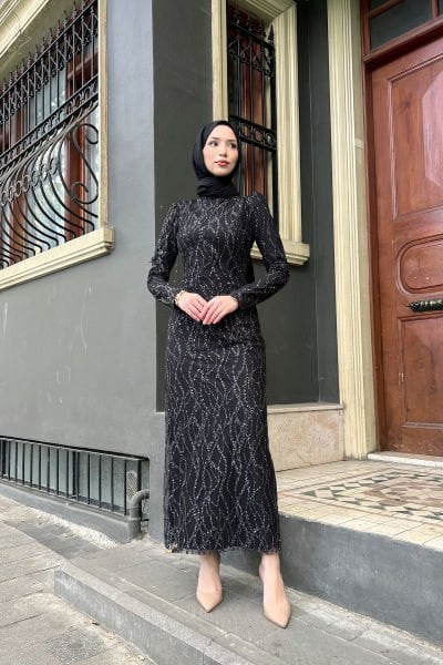 Boydan Dalga Desenli Simli Tesettür Abiye Siyah