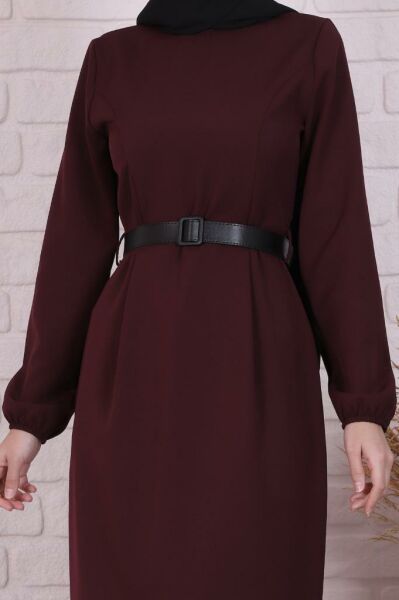 Kolları Büzgü Detaylı Kemerli Elbise Mürdüm