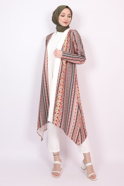 Asimetrik Kesim Desenli Kimono Turuncu