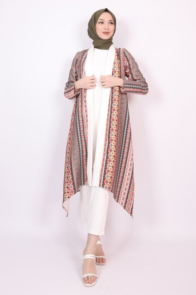 Asimetrik Kesim Desenli Kimono Turuncu