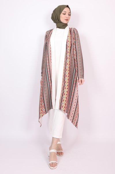 Asimetrik Kesim Desenli Kimono Turuncu