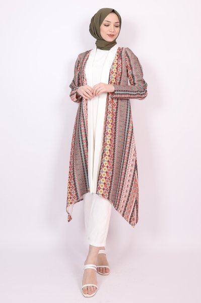 Asimetrik Kesim Desenli Kimono Turuncu