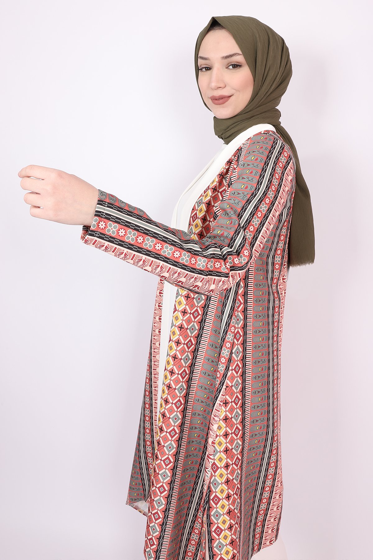 Asimetrik Kesim Desenli Kimono Turuncu