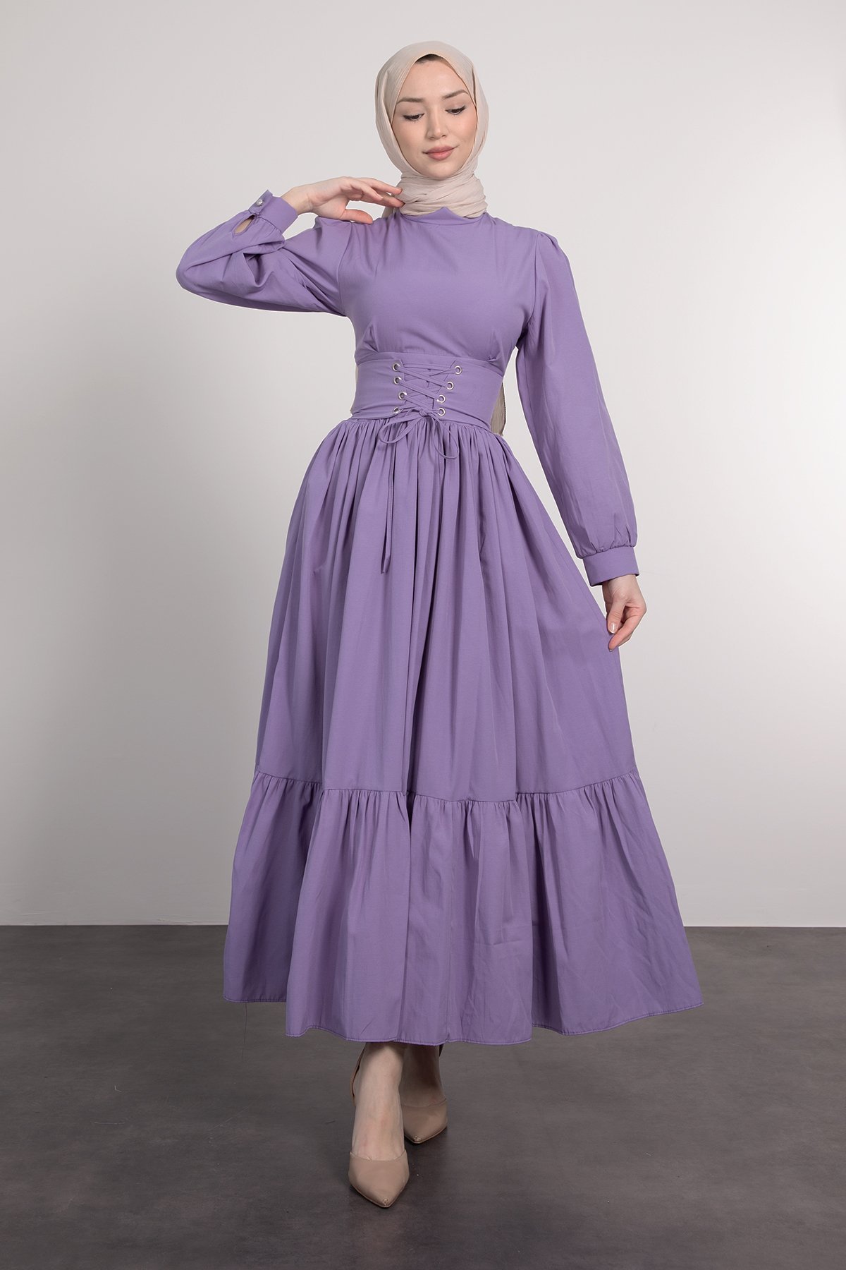 Beli Çapraz Bağcıklı Vintage Tesettür Elbise Lavanta