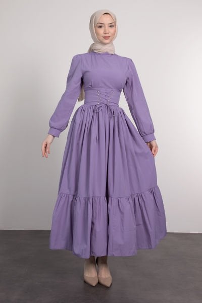 Beli Çapraz Bağcıklı Vintage Tesettür Elbise Lavanta