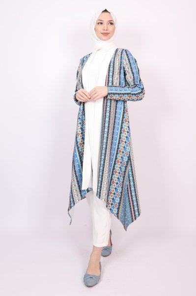 Asimetrik Kesim Desenli Kimono Mavi