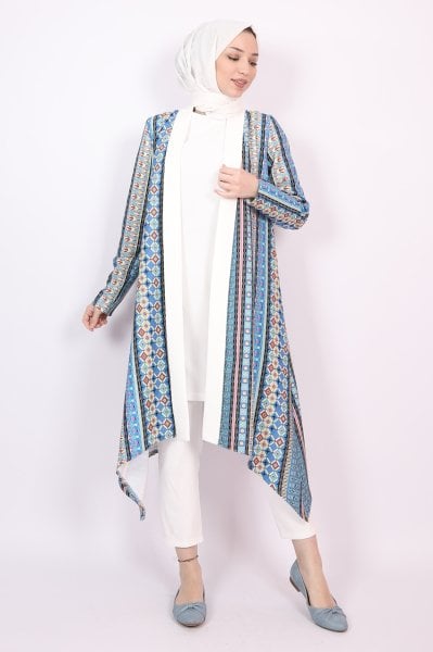 Asimetrik Kesim Desenli Kimono Mavi