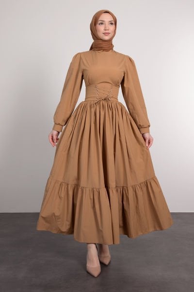 Beli Çapraz Bağcıklı Vintage Tesettür Elbise Tarçın