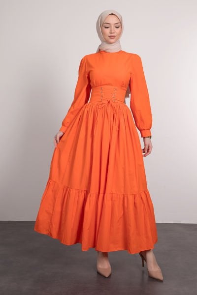 Beli Çapraz Bağcıklı Vintage Tesettür Elbise Portakal