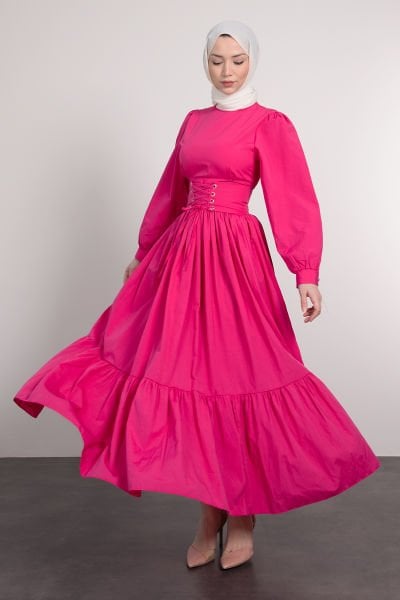 Beli Çapraz Bağcıklı Vintage Tesettür Elbise Neon Pembe