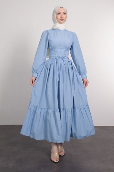 Beli Çapraz Bağcıklı Vintage Tesettür Elbise Bebe Mavi
