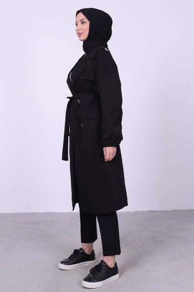 Oversize Bağlamalı Tesettür Trenç Siyah