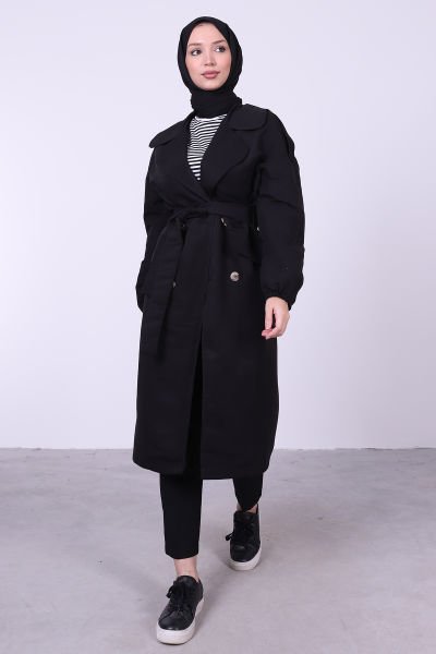 Oversize Bağlamalı Tesettür Trenç Siyah