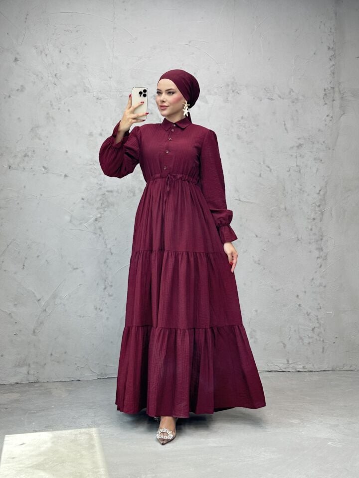 Modern Beli Ayarlanabilir Spor Kesim Tesettür Elbise Bordo