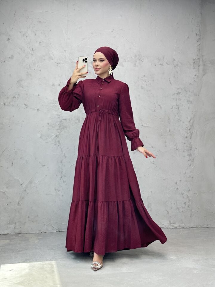 Modern Beli Ayarlanabilir Spor Kesim Tesettür Elbise Bordo