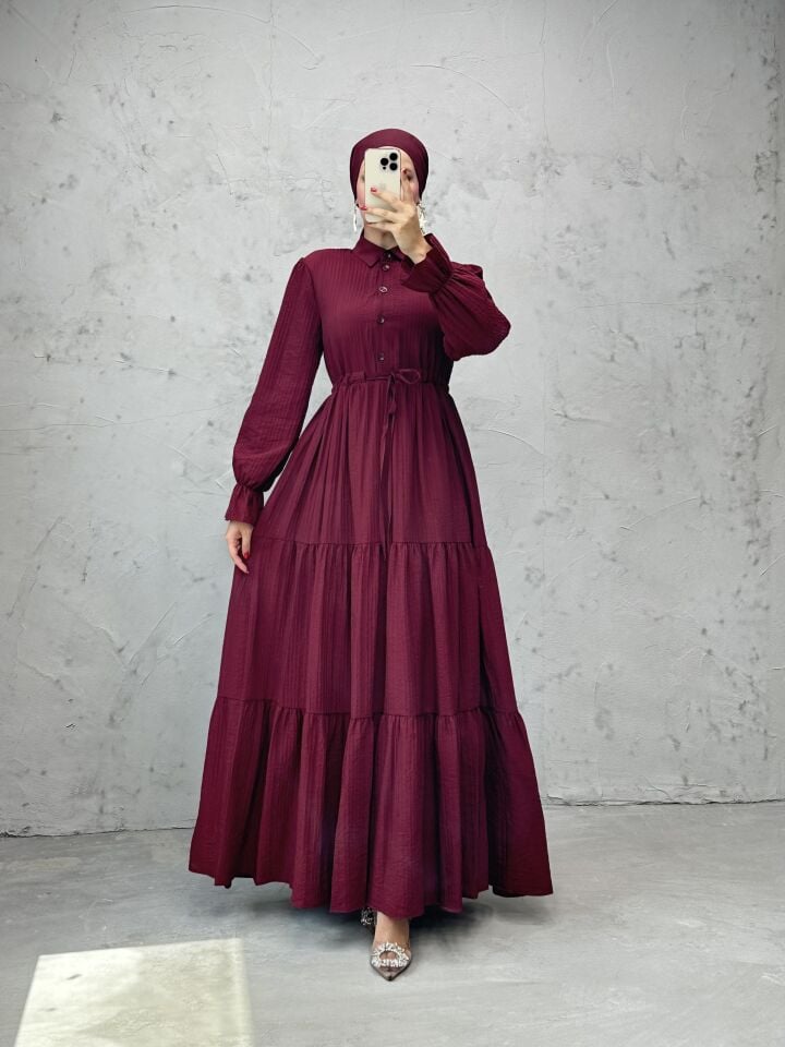 Modern Beli Ayarlanabilir Spor Kesim Tesettür Elbise Bordo