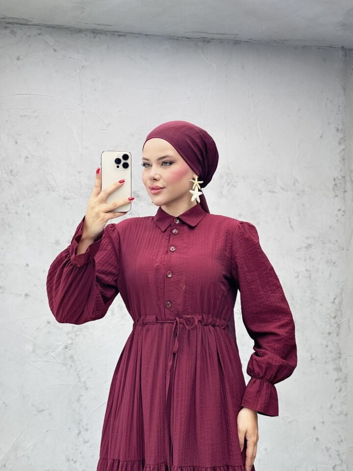 Modern Beli Ayarlanabilir Spor Kesim Tesettür Elbise Bordo