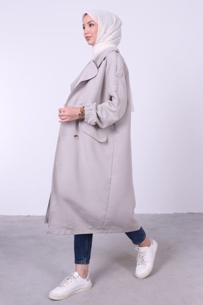 Oversize Bağlamalı Tesettür Trenç Gri