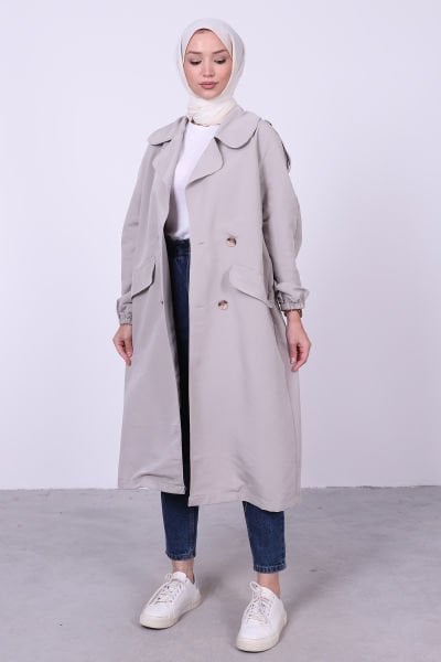 Oversize Bağlamalı Tesettür Trenç Gri