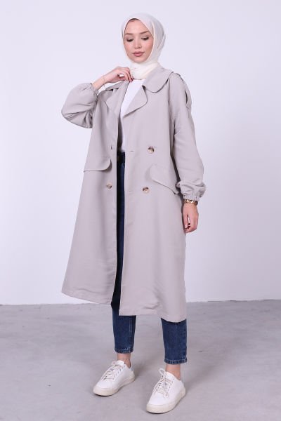 Oversize Bağlamalı Tesettür Trenç Gri