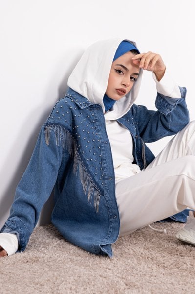 Metal Boncuk İşlemeli Jean Ceket