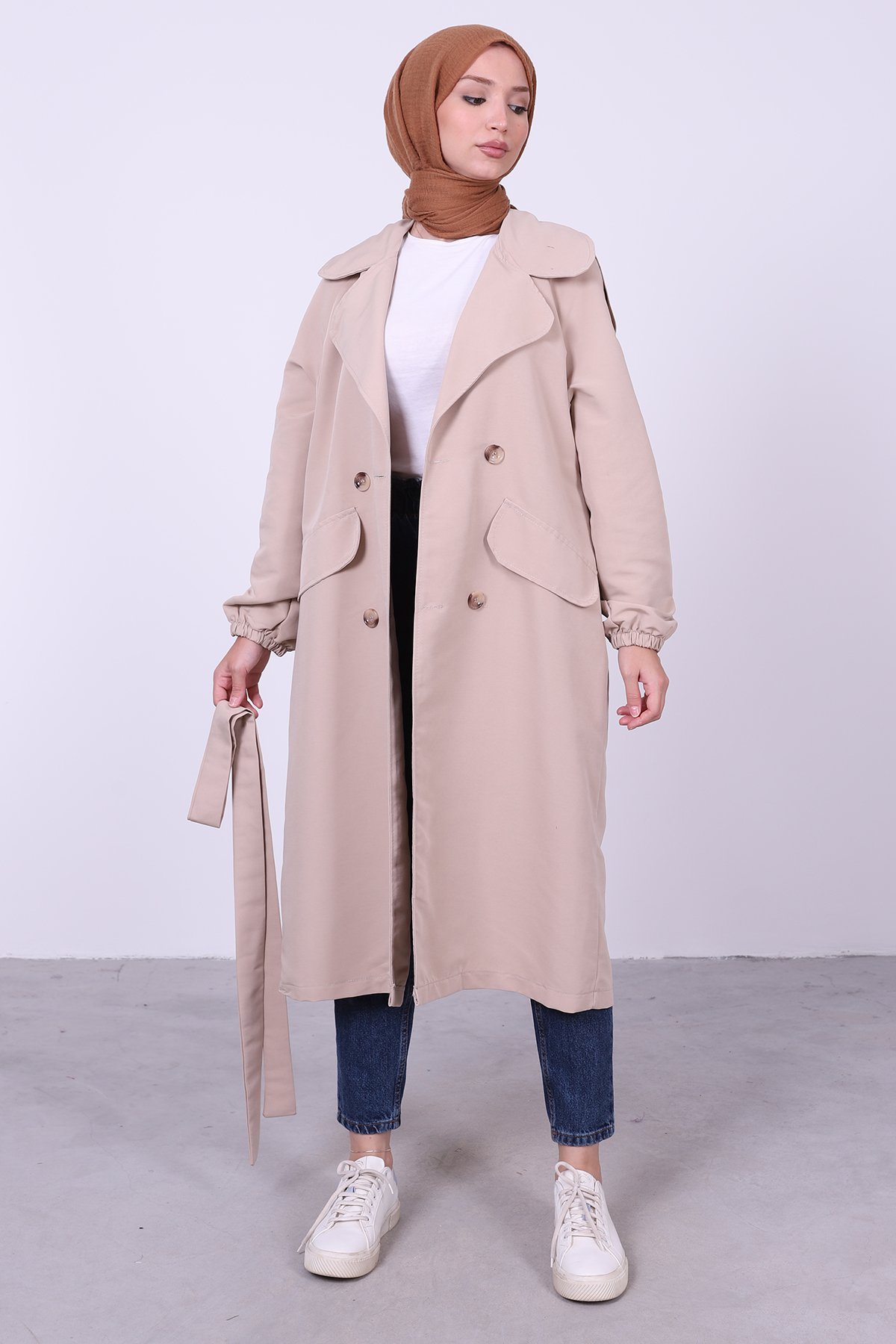 Oversize Bağlamalı Tesettür Trenç Krem
