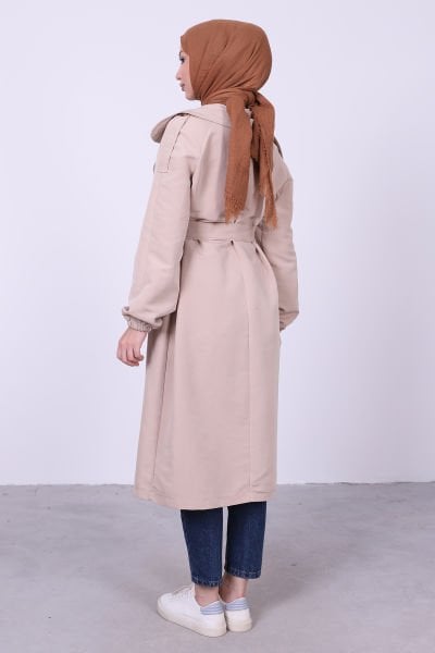 Oversize Bağlamalı Tesettür Trenç Krem