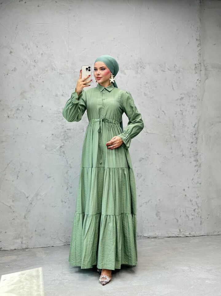 Modern Beli Ayarlanabilir Spor Kesim Tesettür Elbise Küf Yeşili