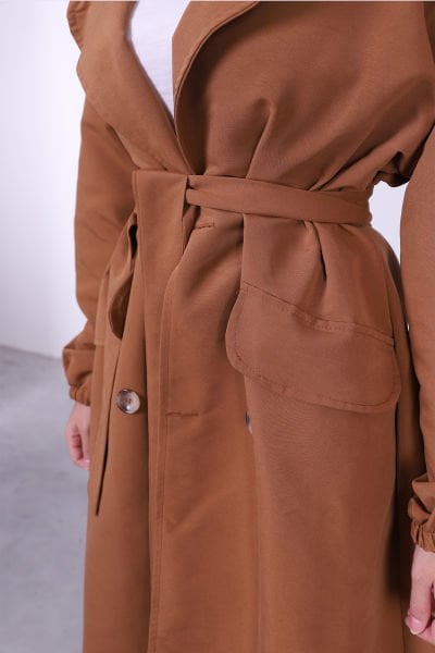 Oversize Bağlamalı Tesettür Trenç Camel