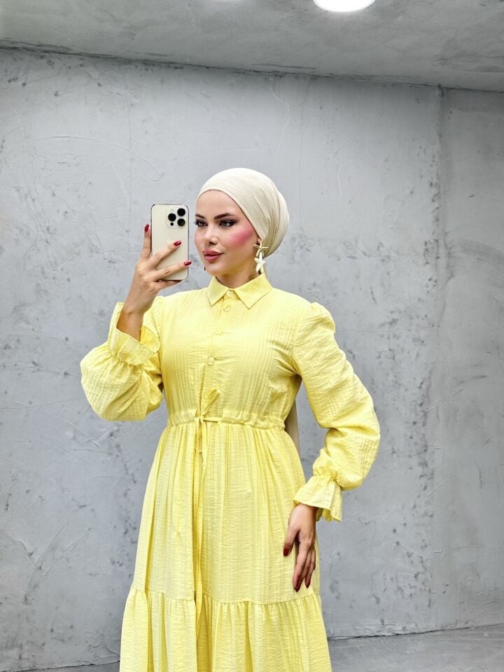 Modern Beli Ayarlanabilir Spor Kesim Tesettür Elbise Sarı