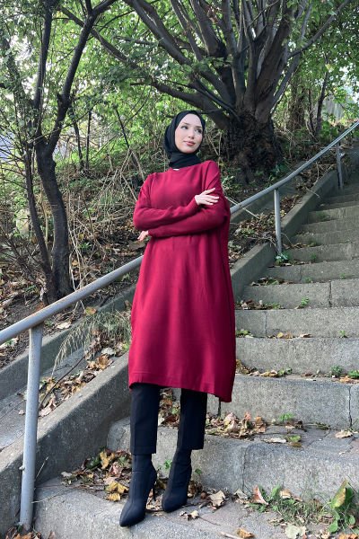 Oversize Kesim Rahat Kalıp Tesettür Triko Tunik Bordo
