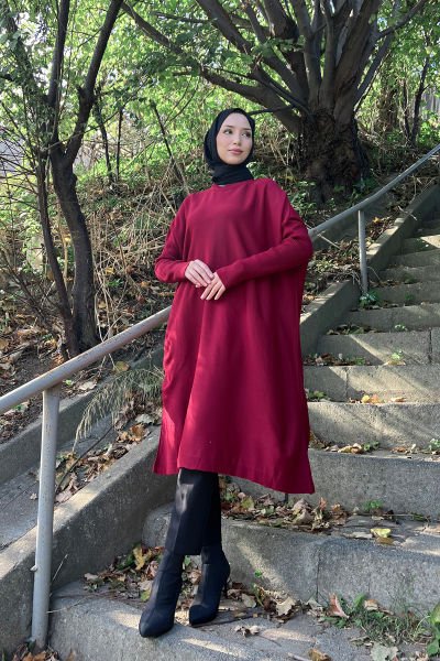 Oversize Kesim Rahat Kalıp Tesettür Triko Tunik Bordo