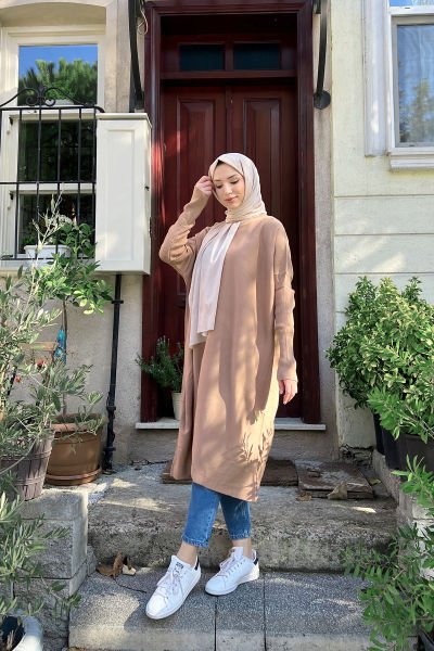 Oversize Kesim Rahat Kalıp Tesettür Triko Tunik Vizon