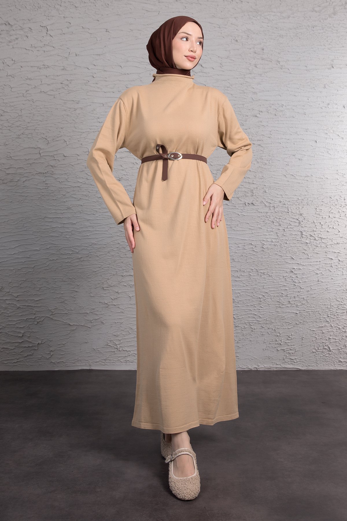 Balıkçı Yaka Oversize Tesettür Triko Vizon