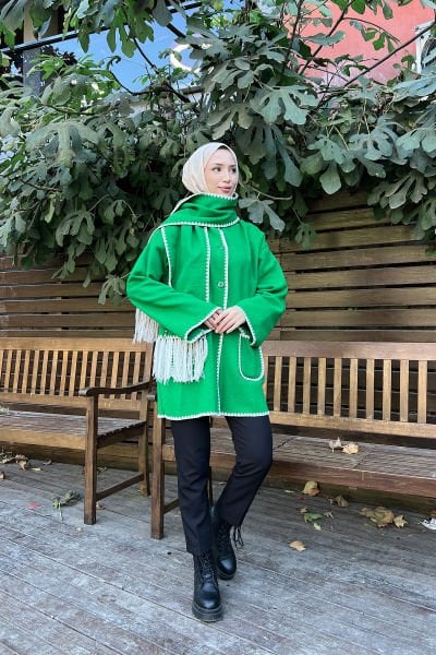 Atkı Dolamalı Tesettür Kaşe Hırka Yeşil