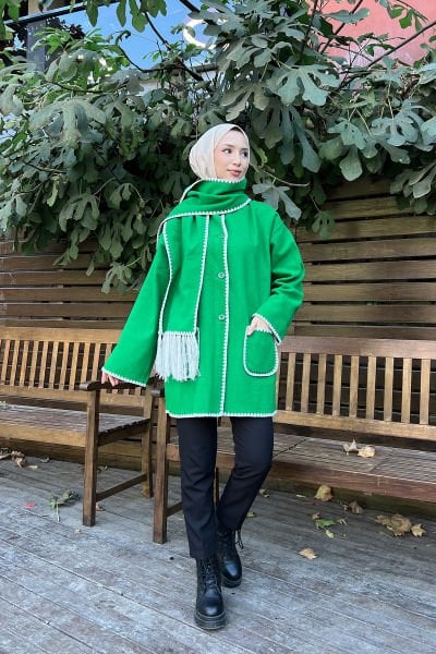 Atkı Dolamalı Tesettür Kaşe Hırka Yeşil