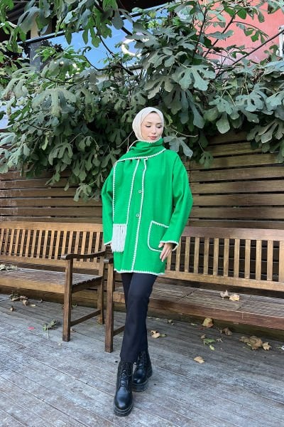 Atkı Dolamalı Tesettür Kaşe Hırka Yeşil
