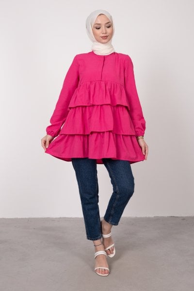 Üç Katlı Fırfırlı Tesettür Tunik Pembe