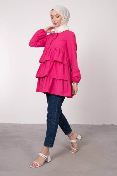 Üç Katlı Fırfırlı Tesettür Tunik Pembe