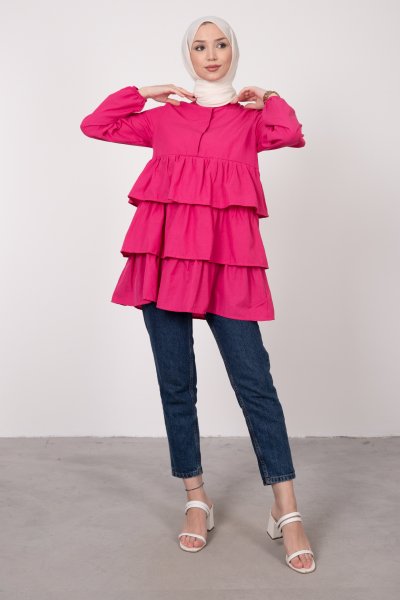 Üç Katlı Fırfırlı Tesettür Tunik Pembe