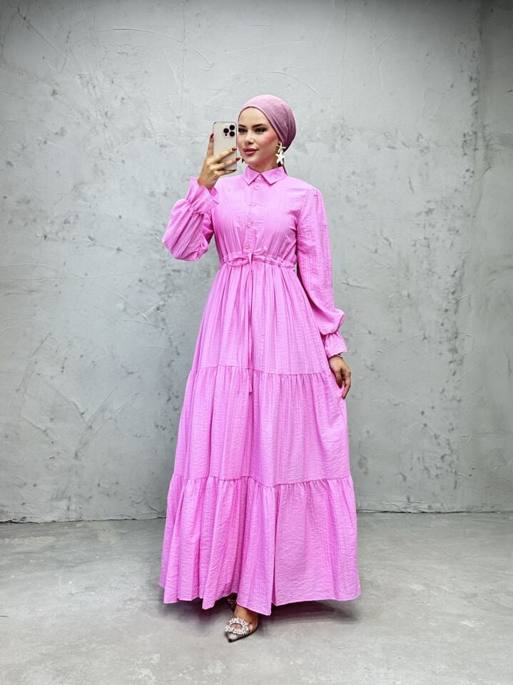 Modern Beli Ayarlanabilir Spor Kesim Tesettür Elbise Pembe