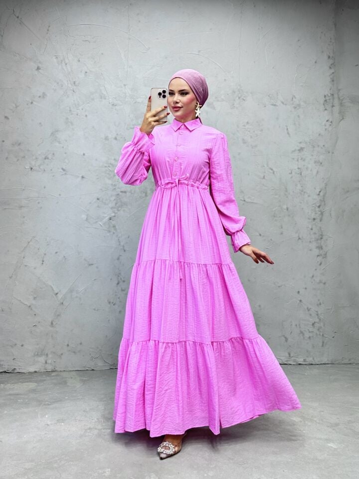 Modern Beli Ayarlanabilir Spor Kesim Tesettür Elbise Pembe