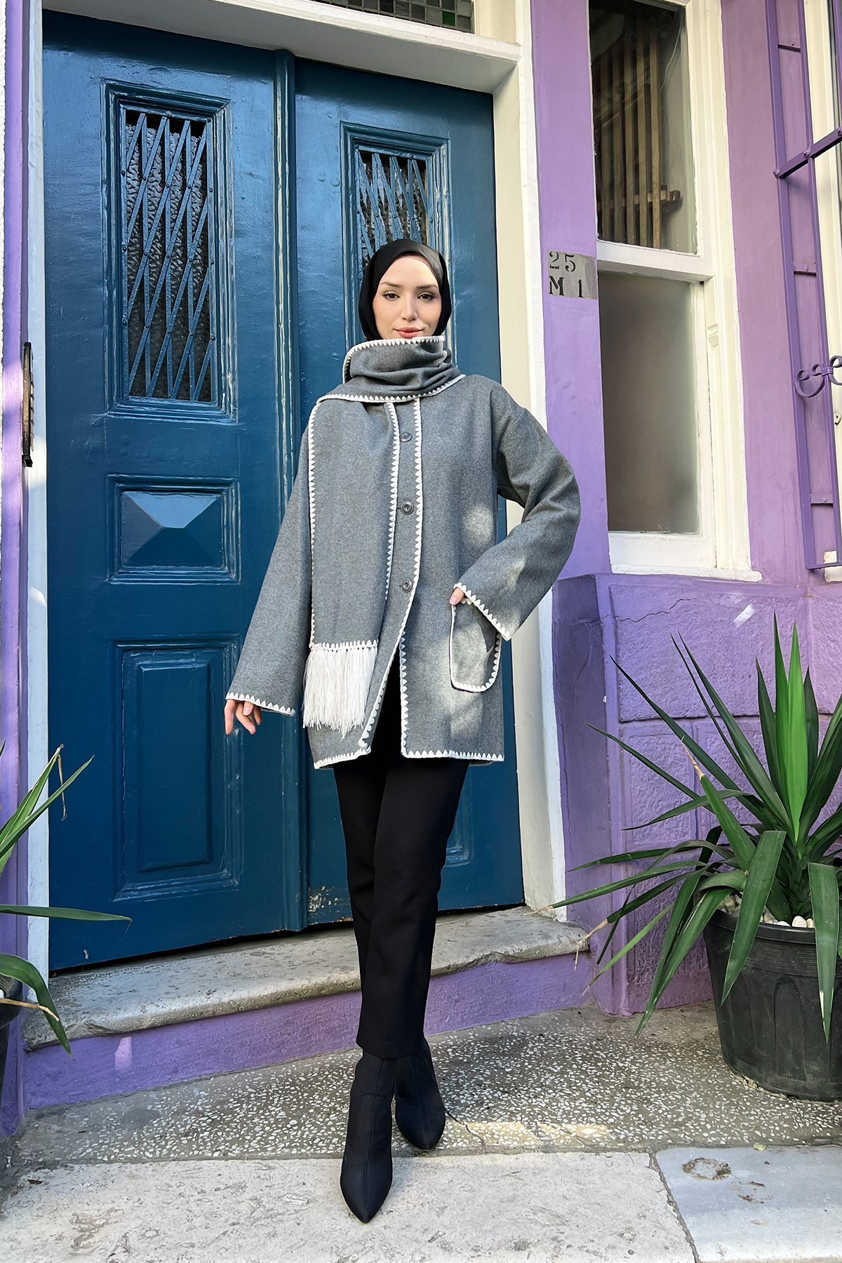 Atkı Dolamalı Tesettür Kaşe Hırka Gri
