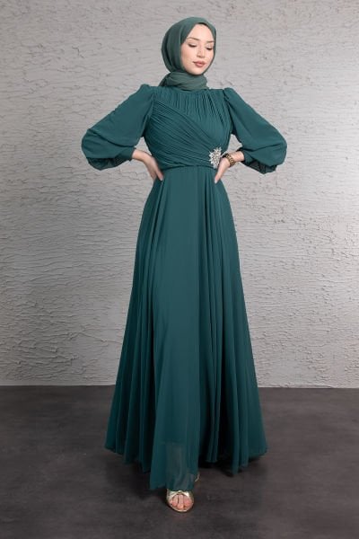 Sol Beli Işıltılı Motif Çiçek İşlemeli Şifon Tesettür Abiye Zümrüt