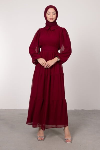 Bebe Yaka Şifon Tesettür Elbise Bordo
